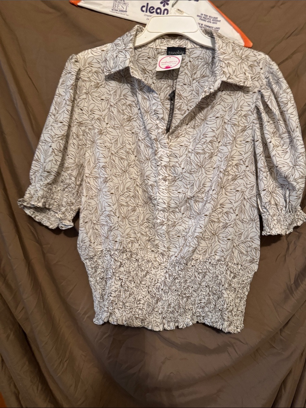 Women's Cream Leaf-Print Blouse with Smocked Waist